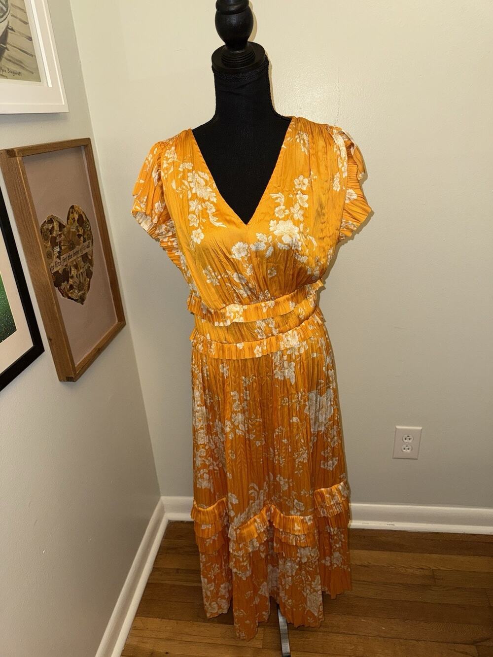 Current Air Women’s Ruffled Sleeve Yellow Floral Print Midi Dress Sz Small